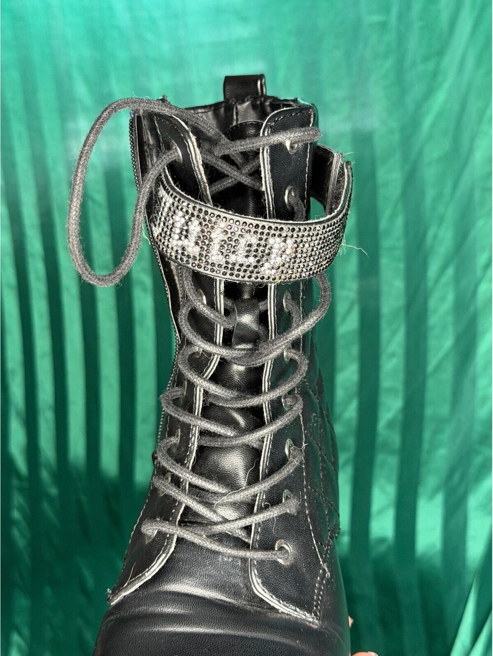 Juicy Couture Black Quilted Combat Boots Rhinestone Ankle Strap Womens Size 8